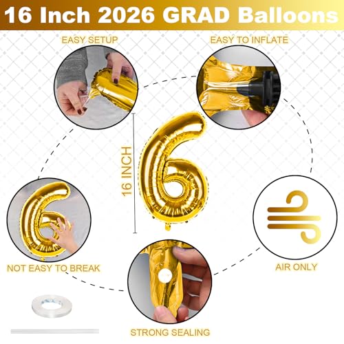 Image of 2026 Congrats Grad Balloons, 16 Inch Metallic Gold 2026 GRAD Foil Balloons Banner Sign for Graduation Decorations 2026, College High School Class of 2026 Graduate Congratulations Party Decor Supplies