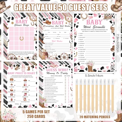 Image of Patelai 321 Pcs Cowgirl Baby Shower 5 Games Set Western Don't Say Baby Shower Decorations 250 Game Card Cow Girl Gender Reveal Party 50 Mini Clothespin 20 Pencils for Pink Western Birthday Decorations