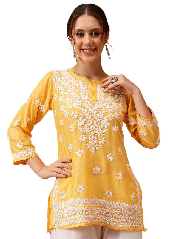 Image of Ada Women's Muslin Straight Fit Tunic Hand Embroidered Lucknowi Chikankari Straight Top Short Kurti A911420