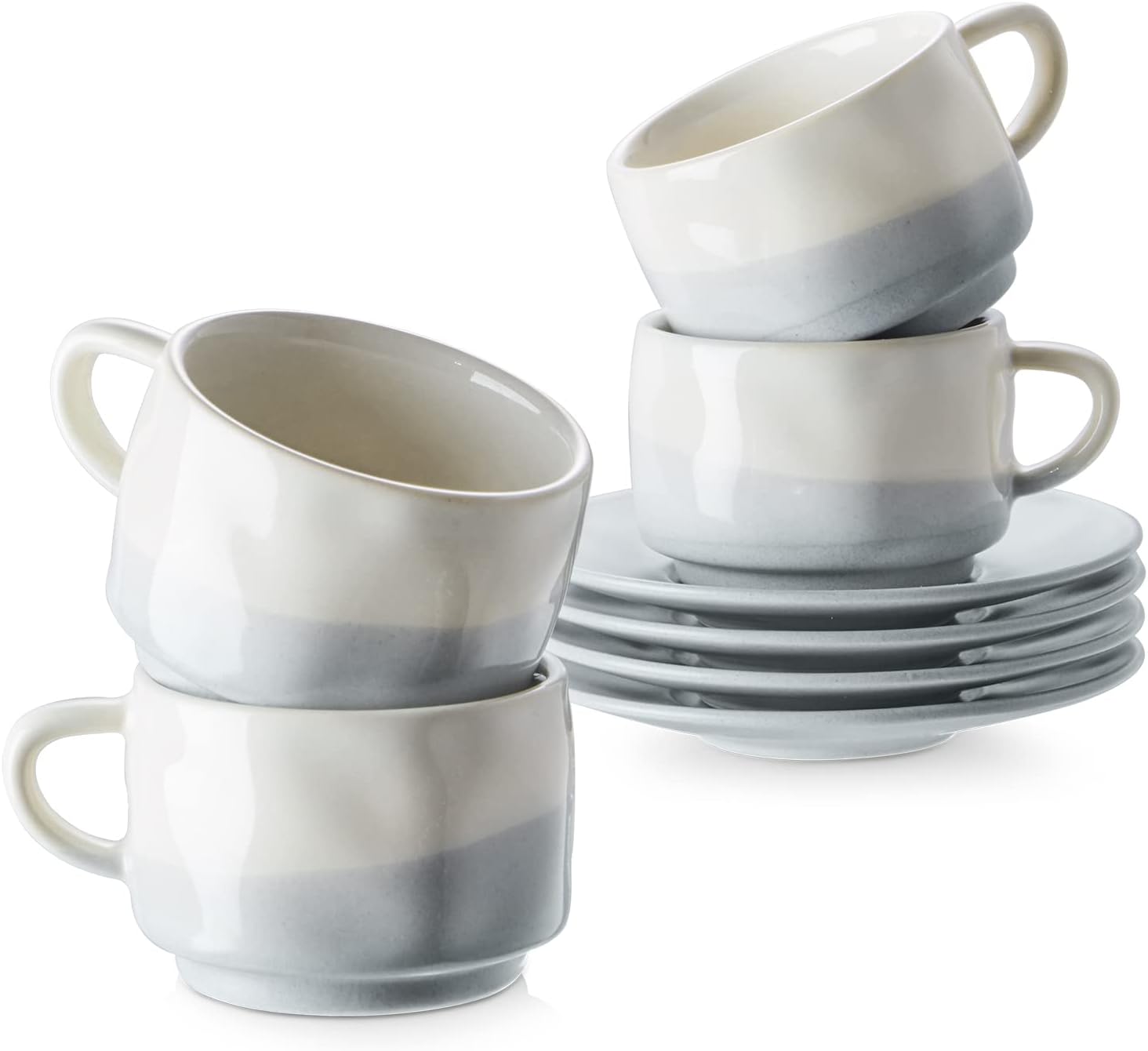 DOWAN Espresso Cups with Saucers, 3 oz Porcelain Demitasse Cups, Ceramic Coffee Cups, Set of 4, Blue & White