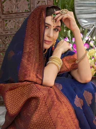 Image of Women's Soft Art Silk Kanjivaram Saree and Unstitched Blouse Piece with Floral Rich Pallu and Jacquard Jari Work On All Over | South Indian Saree