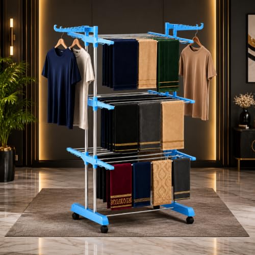 Image of SUNDRY Premium Stainless Steel Cloth Drying Stand | 3 Tier Foldable Laundry Rack | Heavy Base, Rust Proof, Space Saving | Indoor Outdoor Clothes Drying Stand | Sky Blue