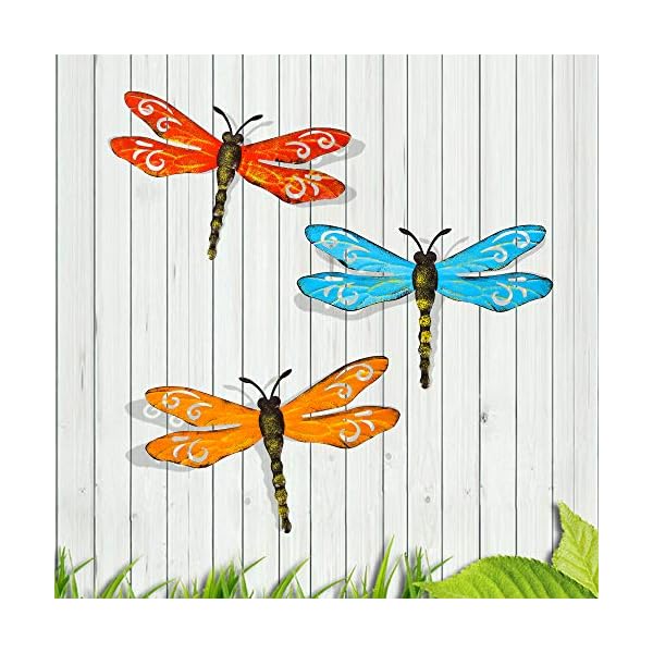 Scwhousi Metal Dragonfly Wall Decor Outdoor Garden Fence Art,Hanging Decorations for Living Room, Bedroom, 3 Pack
