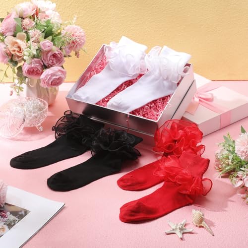 Image of Geyoga 3 Pairs Women Big Ruffle Socks Turn Cuff, Double Lace Ankle Cotton Frilly Socks for Ladies Summer