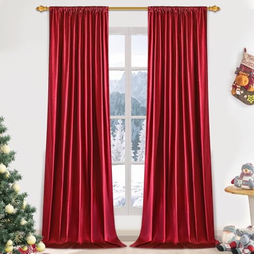 FRAMICS Velvet Curtains for Living Room Blackout Curtains 84 inch Long Red Foil Print Drapes for Bedroom Thermal Insulated Window Treatments Rod Pocket for Christmas Decor 52x84 inch