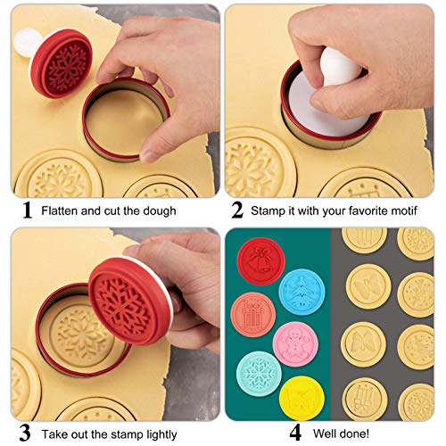 FANGSUN Christmas Cookie Stamps Sets, 6 Silicone Stamps, 1 Stainless Steel Round Cookie Cutter, 1 Plastic Cookie Press (Multi)