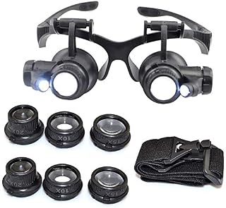 YOPOTIKA Headband Magnifier Glass with Light,Jewelry Watch Repair Magnifier with 2 LED Light and 10X, 15X, 20X, 25X replaceable lens,for Reading,Electronic Repair Head Mount Magnifier Glasses