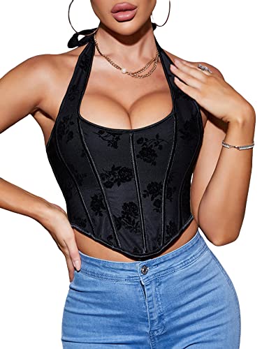 Soly Hux Women's Floral Print Lace Up Overbust Corset Halter Boned Bustier Shapewear Top Solid Black S #TOP21