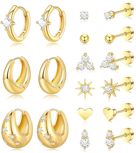 Flat Back Stud Earrings for Women Gold Plated Earring Set Hypoallergenic Cartilage Earrings Helix Piercing Jewelry Surgical Stainless Steel Chunky Huggie Hoops