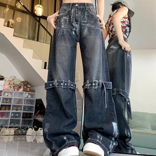 Fashion High Waist Straight Baggy Jeans for Women Vintage Gothic Leg Drawstring Y2K Scrawl Denim Pants2
