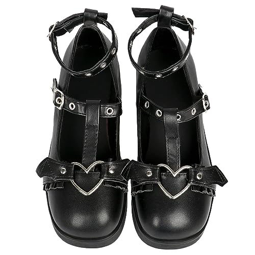 Cute Platform Pumps Mary Jane Wedge Shoes for Women Ankle T Strap Round Toe Goth Dress Shoes