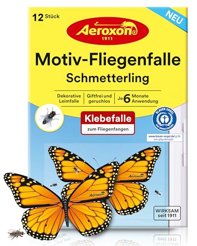 Aeroxon Fliegenfalle Innenbereich – 12x Fliegenfänger für Fenster, Effektive Fliegenfalle mit Schmetterlingsdesign