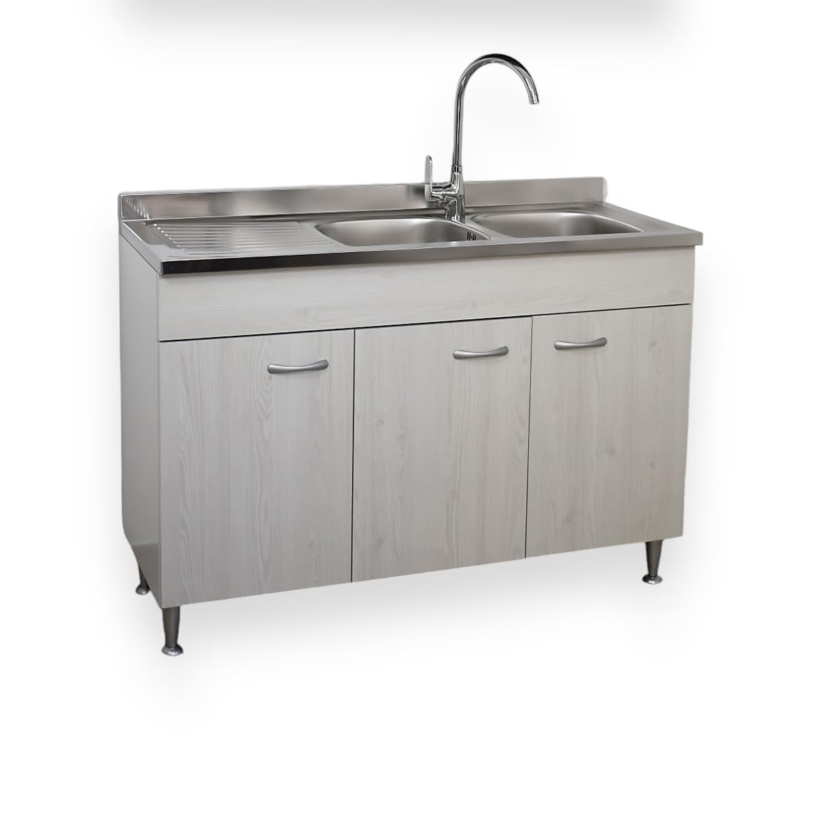 Yellowshop - Mobile cucina sottolavello a 3 ante cm 120 effetto legno frassino moire componibile con lavello inox e scolapiatti Basic (Sottolavello con lavello piano Sx)