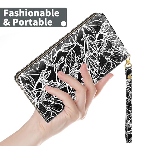 Image of Nipichsha Womens Wallet, RFID Wristlet Wallet for Women, Cute Ladies Purse, Large Credit Card Clutch Purse, Leather Card Holder Wallets with Zipper & Phone Holder, Black White Leaf