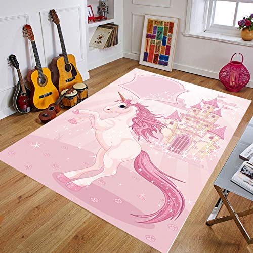 Rosa Einhorn Schloss Mädchen Prinzessin Zimmer Nachtteppich, Kurzflorige Polyester Rutschfeste...