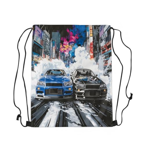 Speed Racing Car Drawstring Backpack,Modern Extreme Sports Drawstring Bag,Watercolor Street Building Adjustable Draw String Bag,Lightweight2