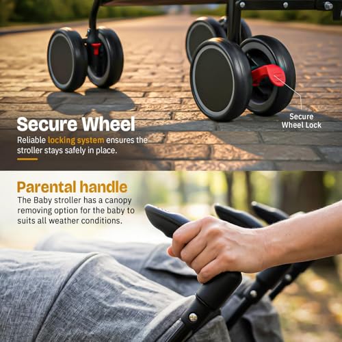 Image of Baybee 2-in-1 Twin Baby Stroller for 0-3 Years | Lightweight Foldable Pram for 0 to 5 Years | Adjustable Canopy, Safety Guardrail, Wheel Lock & Parental Handle | Baby Stroller for Boys & Girls (Grey)