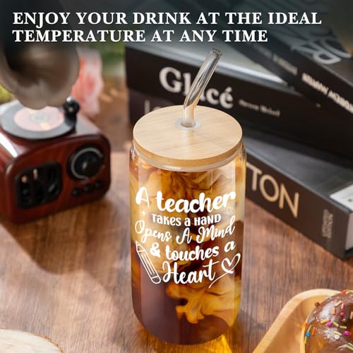 FoldTier 9 Sets Teacher Appreciation Gifts Bulk Thank You Glass Cups 16 oz Tumbler Cup with Lids Straws Brushes Reusable Water Bottle Graduation Teacher Gift(Vivid Style)