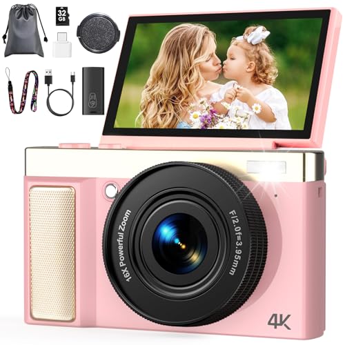 4K 64MP Digital Camera with 32GB TF Card, 3" 180° Flip Screen Autofocus Camera with 16x Zoom and Macro, Compact Rechargeable Vlogging Camera Gifts for Kids Beginners Adults Pink