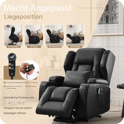 SITURAY Elektrisch Verstellbar Relaxsessel Fernsehsessel mit Liegefunktion Aufstehhilfe, Kunstleder Aufstehsessel Seniorensessel mit Massage Heizung, TV Sessel Kinosessel mit USB bis 150 kg (Schwarz) – Bild 6