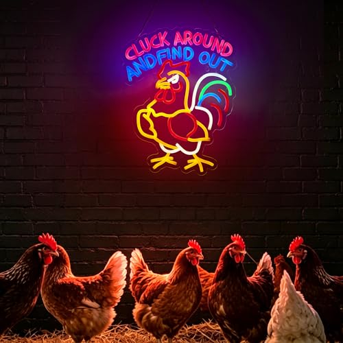 Image of Funny Chicken Looking Around Neon Sign with inchCLUCK AROUND AND FIND OUT inch for Wall Decor,Rooster LED Sign for Home Farmhouse Kitchen Garden Man Cave Gift