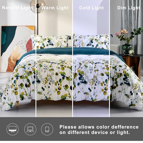 Image of MILDLY 100% Long Staple Cotton 3pcs Queen Duvet Cover Set, Ultra Soft Yellow Green Leaves Printed Autumn Comforter Cover Set