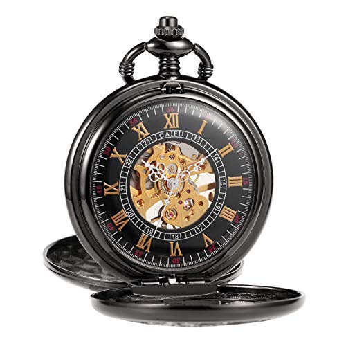 Image of TREEWETO Mens Antique Mechanical Pocket Watch Lucky Dragon & Phoenix Retro Skeleton Dial Double Cover with Chain
