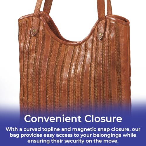 SAGEFINDS Genuine Leather and Textile Artisan Shoulder Bag, Women’s Purse with Magnetic Snap Closure, Cognac Brown Handbag with Multiple Pockets4