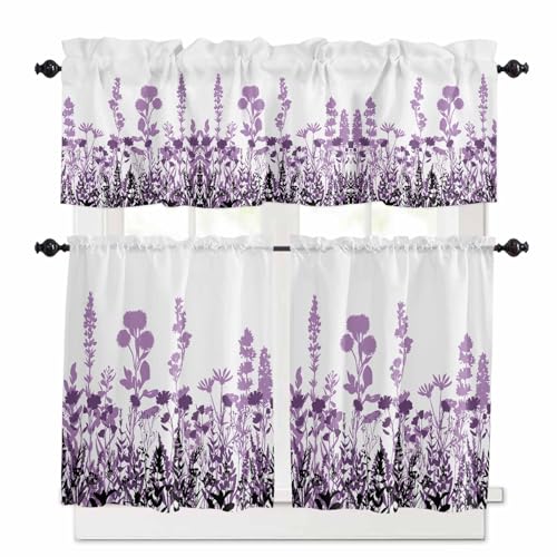 Purple Flowers Kitchen Curtains 36 Inch Length,3 Piece Rod Pocket Small Half Tiers and Valance Set,Spring Farmhouse Botanical Floral Herbs Small Large Window Treatment Decor for Bedroom/Bathroom Sink