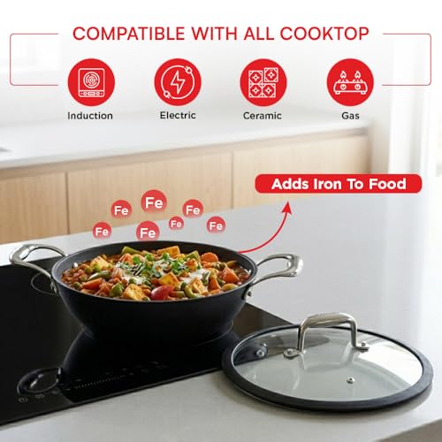 Image of Vinod Ferona Lightweight Cast Iron Kadai 1.4 L, 20 cm | Glass Lid, TREON Technology, No-Seasoning Enamel Kadhai for Healthy Cooking, Naturally Stick-Free, Gas Base, PTFE & PFOA Free