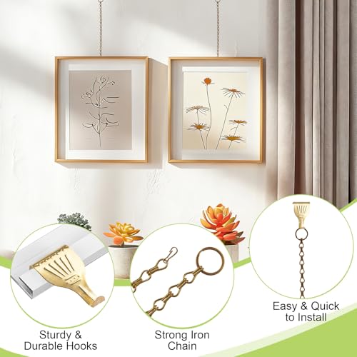Image of Picture Hanging Kit 10Pcs Rail Hooks with 10Pcs Chains, Picture Display Hanging System for Wall Pictures, Exhibition (Detachable Chain, Bronze+Gold)