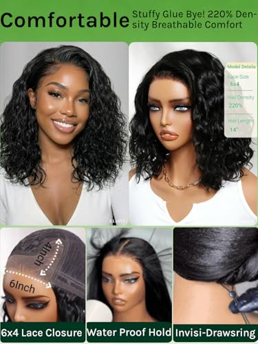 Image of KLAIYI Bye Bye Slip Bob Water Wave Precut 6x4Lace Front Wigs Human Hair 220%Density Side Part Drawstring Curly Glueless Pre Plucked Bleached Knots 3S Ready to Wear and Go Wig Beginner Friendly 14Inch
