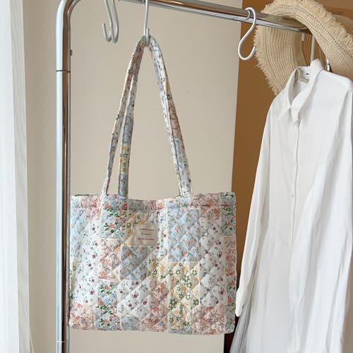 Image of Floral Quilted Cotton Shoulder Bag for Women Medium Size Handbag Large Capacity Thickened Design Tote