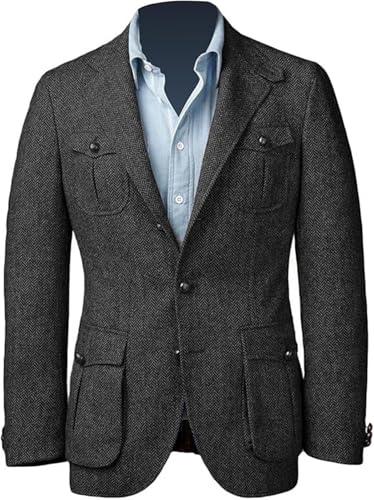 TSxuelian Men's Tweed Jacket Notch Lapel Premium Wool Blend Blazer Sport Coat with Pockets