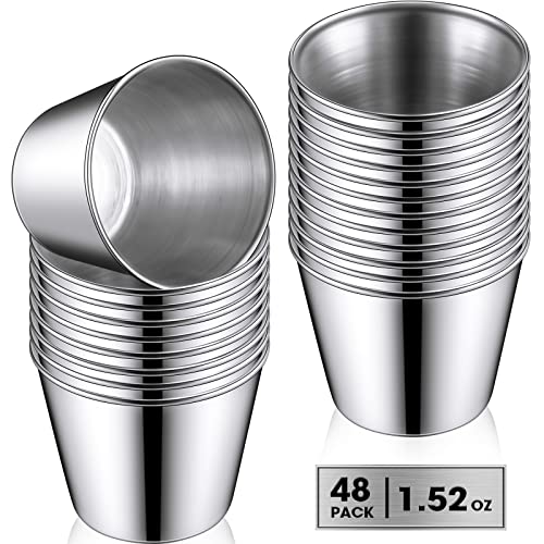48 Pack Stainless Steel Condiment Sauce Cups 1.5 Oz Individual Round Condiments Ramekins Small Metal Ramekins Reusable Mini Dipping Cups Metal Condiment Cups Kitchen Vinegar Butter Ketchup #TOP1