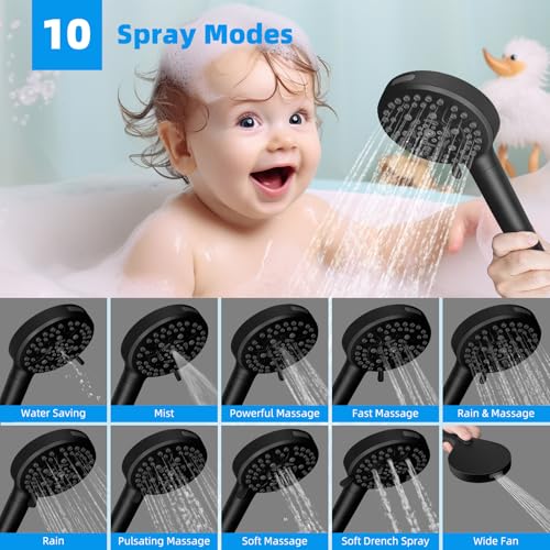 Hibbent-Upgraded-5-spray-13-Shower-Head-High-Pressure-Rainfall-Shower-Head-Dual-Showerhead-Combo-with-10-mode-Handheld-Spray-12-Adjustable-Extension-Arm-71-Hose-Shower-Holder-Matte-Black