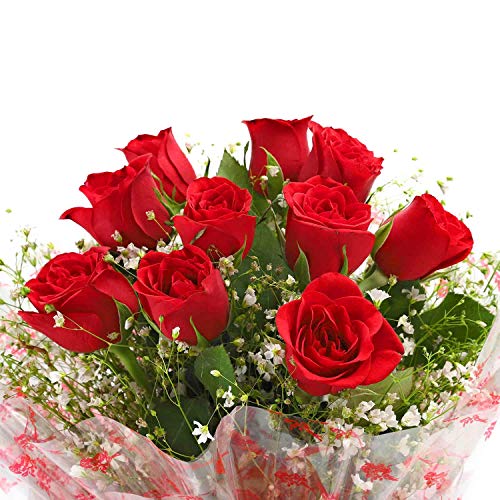 Image of Fresh Red Roses Bouquet (Bunch of 10) with Cellophane Wrapping | Birthday, Anniversary, Valentine's Day & Romantic Gift for Girlfriend, Wife, Husband | Same Day Delivery Flower Bunch