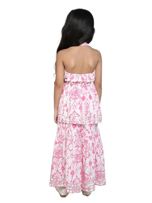 Image of GORLYA Girl's Cotton Sleeveless Printed Ethnic Peplum Kurta & Sharara Set - White & Pink