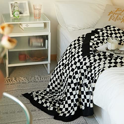 Yiruio Throw Blankets Checkerboard Grid Chessboard Checkered Lightweight Ultra-Thin Comfort 100% Pure Cotton Knit For Home Decor Bed Couch (Black, 60" L X 79" W) #TOP2