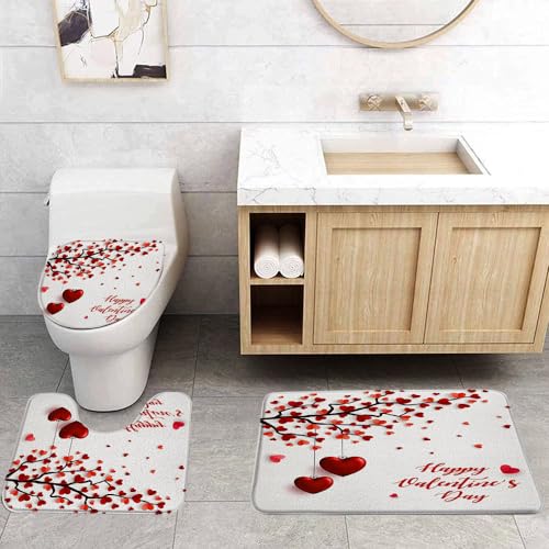 VPUPCN Valentine's Day 3 Pcs Bath Rugs Set,Red Love Heart Tree Sweet Romantic Love Creative Modern Simple Bathroom Kitchen Rug with 17.8
