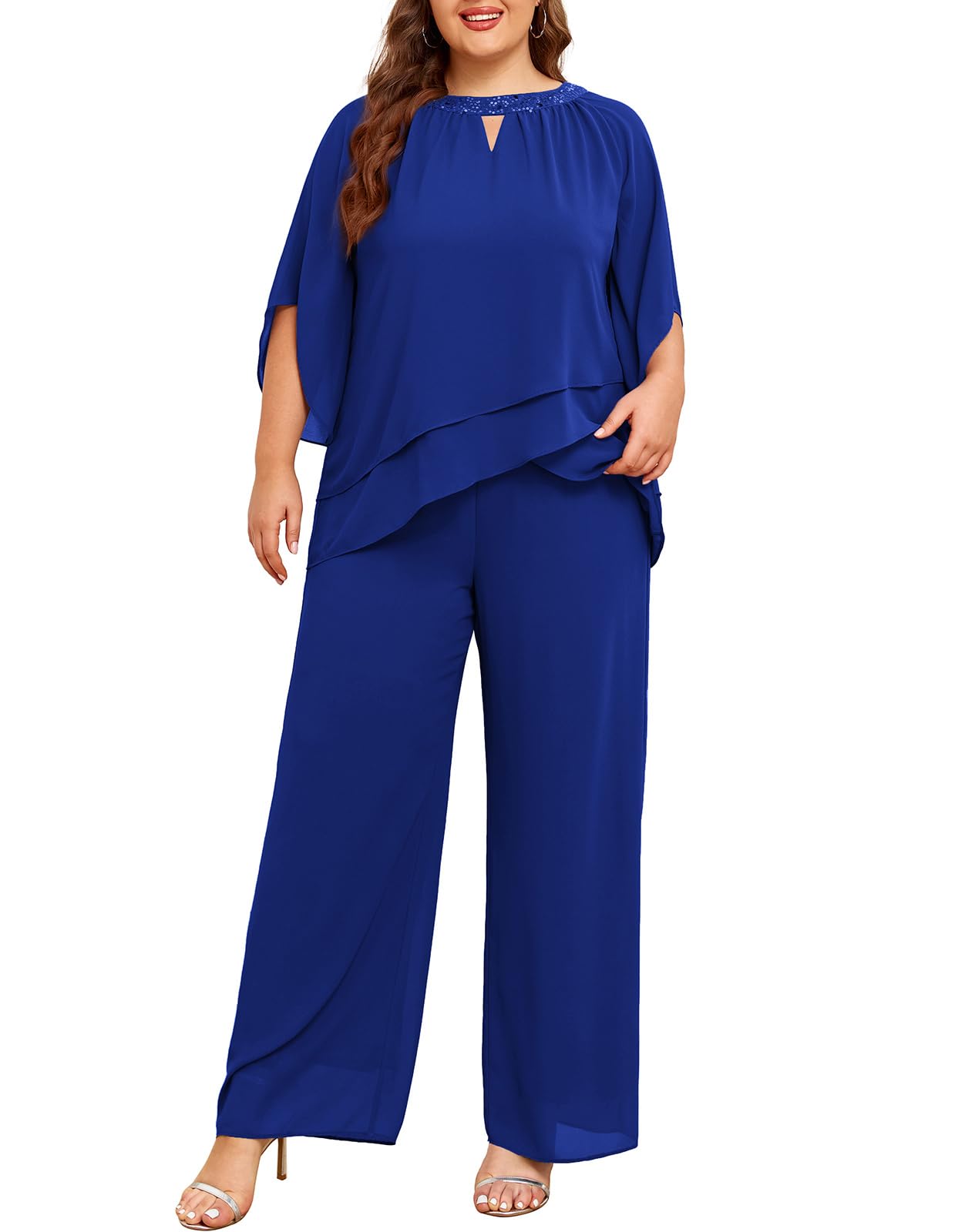 Hanna Nikole Traje de pantalón para mujer, tallas grandes, 2 piezas, conjuntos de traje de noche de dos piezas, camisa de gasa y cintura alta, traje de pantalón elegante, traje de cóctel, fiesta