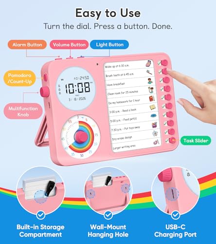 Image of 3-in-1 Visual Timer & ADHD Tool for Kids - ADHD Task Timer for Adults with Visual Schedule, Chore Chart & Planning Board for Home, School, Classroom, Work (Pink)