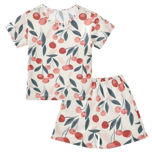 ALAZA Cherry Leaves Cute Pajamas Set Short Sleeve Cotton Sleepwear Summer Pjs 2 Piece 5-14Y