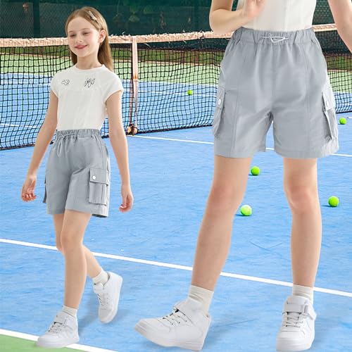 Image of Rolanko Girls Cargo Shorts Lightweight Parachute Short Pants with Pockets Summer Cargo Shorts for Kids Casual Hiking Sports