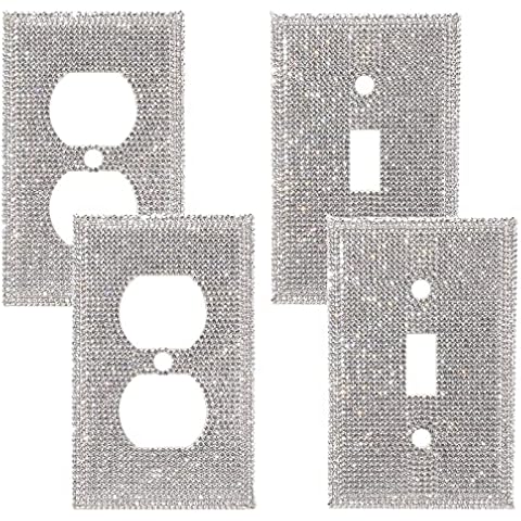 4Pcs Bling Light Switch Cover Shiny Silver Rhinestones Wall Plate Light Switch Wall Plate Cover Sparkly Diamond Plate Outlet Decorative Glitter Outlet Covers(Single Gang Socket,Duplex Outlet) Cover