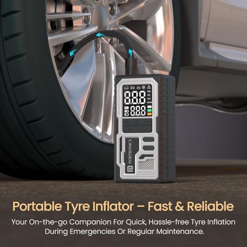 Image of Portronics Vayu 10 Type-C Rechargeable Tyre Inflator, 2 x2000 mAh Batteries, Digital Display, 150 PSI, Preset Modes, Flashlight with SOS, Pressure Detection, for Cars, Bikes, Bicycles & Sport Balls