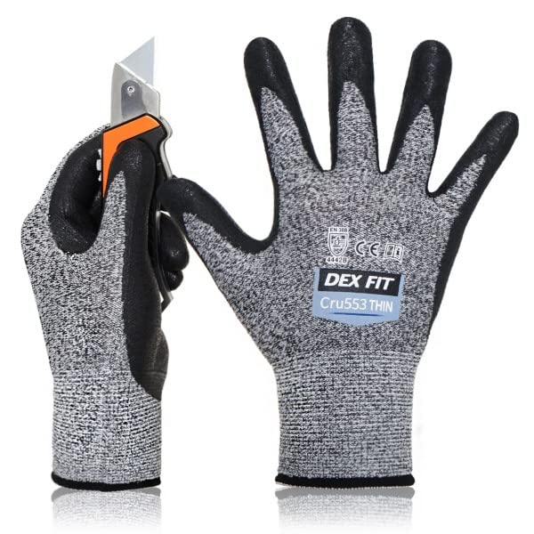 DEX FIT Level 5 Extreme Cut Resistant Gloves Cru553 Thin, Non-Slip Power Grip, Professional Grade 3D Comfort Fit, Thin & Lightweight, Breathable, Touchscreen Compatible, Itch-Free; Grey XL (10)