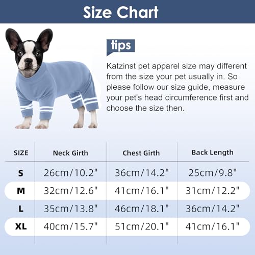 Katzinst Hunde Body,Hundekleidung Kleine Hunde,Kragen und Bündchen aus Rippstrick, Weich Atmungsaktiv Warmer Hundepyjama für Alle Jahreszeiten,Weißer Hundebody mit Doppelten Streifen,Haze-Blau M