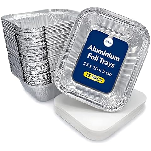 Small Aluminium Foil Food Storage Trays Disposable Foil Containers for Takeaways, Food Prep, Meal Plans & Dinners, Reusable Metal Foil Food Trays for Baking, Storing and Freezer With Lids- 25 Pack Cover