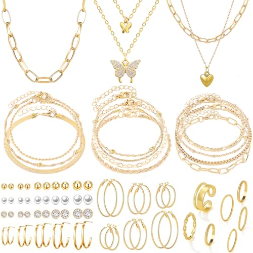 47pcs Gold Jewelry Set With 3 PCS Necklace, 11 PCS Bracelet,20pcs Hoop Stud Earrings,7pcs rings set For Women For Birthday Gifts